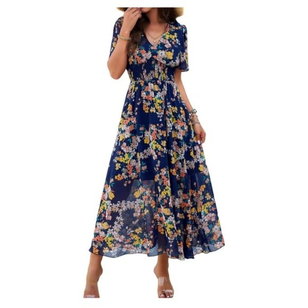 Galocmo Navy Blue Floral Flutter Sleeve Smocked Empire Waist Chiffon Dress L NWT